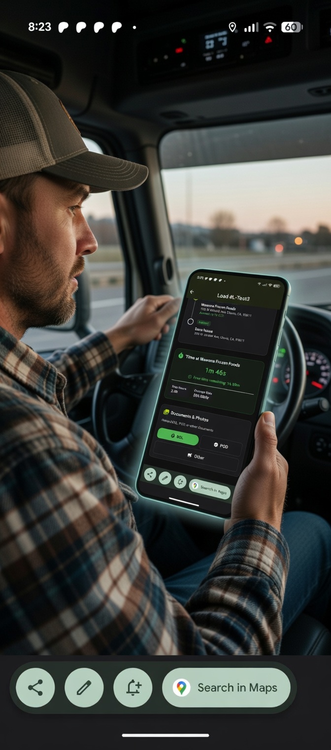 Driver using Detention Timer in the cab of a truck