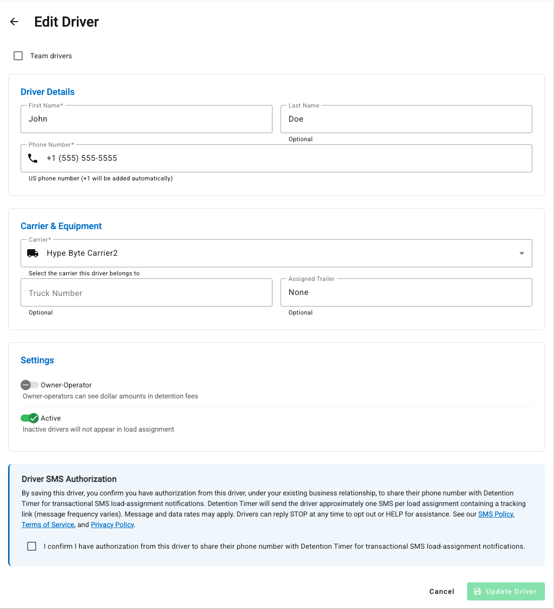 Edit Driver form on the Detention Timer dashboard. Driver SMS Authorization section at the bottom shows a disclosure paragraph and an unchecked required checkbox. The Update Driver button is disabled.